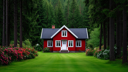 Obraz premium Charming red cottage surrounded by lush forest and blooming garden in peaceful countryside