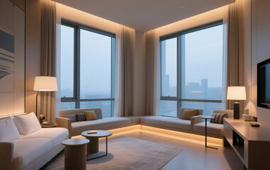 Fototapeta premium Modern hotel interior with large windows, and soft lighting.