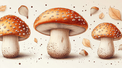 Three detailed illustrations of vibrant orange-red mushrooms with speckled caps, set against a backdrop of autumnal leaves, creating a visually appealing and realistic display.