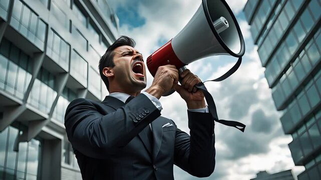 Businessman in formal suit shouting through a megaphone in modern cityscape, expressing urgency or announcement with dramatic cloudy sky


