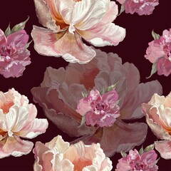 Seamless floral pattern with hand-drawn flowers on a   burgundy background © Iryna