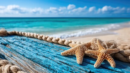 Beach scene on blue wooden with vintage background and starfish concept. Beautiful starfish on a blue wooden surface at a serene beach.