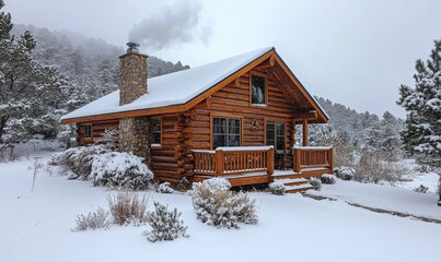 Cozy log cabin with smoke curling from the chimney nestled in the snow, Generative AI