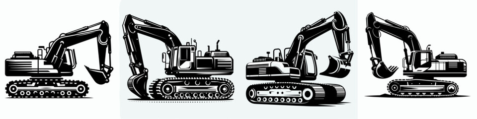 Naklejka premium Crawler Excavator. Tools Equipment Hardware Construction Repair Diy Clipart Line Art Vector Illustration. Tracked digger earthmoving apparatus for building construction infrastructure.