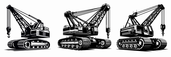 Crawler Crane. Tools Equipment Hardware Construction Repair Diy Clipart Line Art Vector Illustration. Track-mounted hoist heavy lifter for site machinery application.