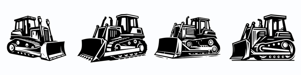 Naklejka premium Bulldozer. Tools Equipment Hardware Construction Repair Diy Clipart Line Art Vector Illustration. Earthmoving tractor vehicle for land grading and demolition job.
