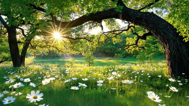 Lush green garden scene viewed through natural archway sunlight organic texture peaceful nature photography