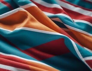 Colorful striped fabric with vibrant hues of orange, red, and teal showcasing a lively pattern.