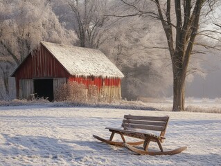 Wooden sled resting against a frost-covered barn in a quiet field, Generative AI