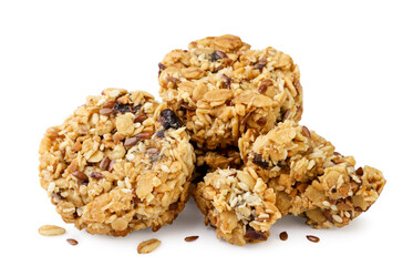 Granola cookies and pieces on a white background. Isolated