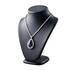 3d render of elegant silver necklace, teardrop sapphire pendant, jewelry display bust with stand, black leather mannequin stand isolated on transparent background