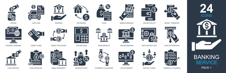 Banking Service Icons set vector illustration. Containing saving, loan, banking, bank statement, financial planning and more. Simple glyph icons collection.