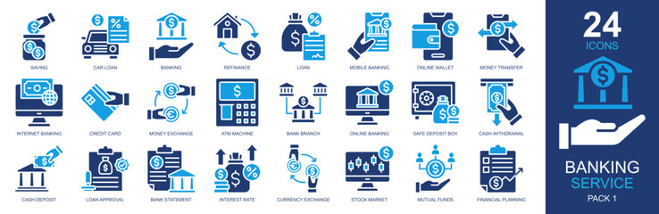 Banking Service Icons set vector illustration. Containing saving, loan, banking, bank statement, financial planning and more. Simple solid icons collection. © Awe Vector