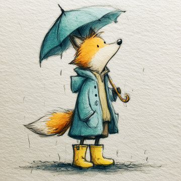 fuchs als cartoon steht im regen mit regenschirm