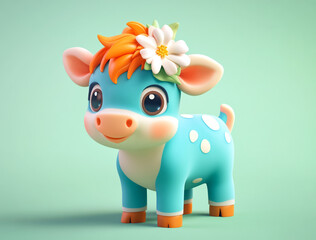 A bright blue, cartoon-styled 3D cow figurine stands against a solid backdrop. It has orange and pink accents and wears a large flower on its head, exuding a cheerful vibe.