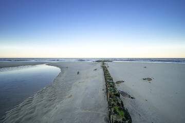 View of the beach on the Frisian island of Sylt near Westerland. Nature on the North Sea.
