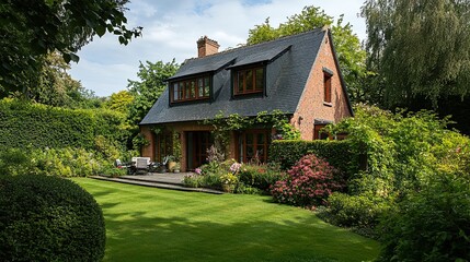 A nice new build attached family house with a garden and large windows, surrounded by trees and bushes in Europe.