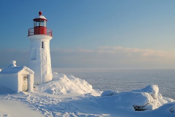 Snow-covered lighthouse standing against a backdrop of a frozen sea, Generative AI