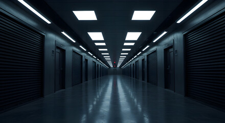 Fototapeta premium Dimly Lit Hallway with Rows of Metallic Doors and Reflective Floors Under Overhead Lights Dark Interior Building Architecture