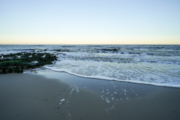 View of the beach on the Frisian island of Sylt near Westerland. Nature on the North Sea.
