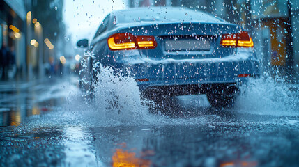 Blue car driving through puddle in rain on city street.