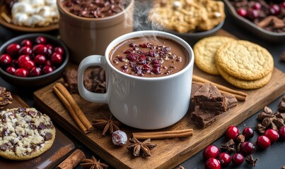 detailed flat-lay of steaming mugs of cocoa surrounded by holiday cookies, spices, and cranberries, Generative AI