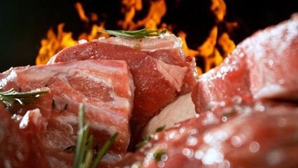 Large assortment of premium raw meat, beef, sausages, pork and chicken suitable for butchery advertising, fire on background