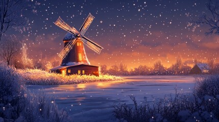 elegantly illustrated holiday card featuring a glowing snowy cathedral under golden twilight hues, Generative AI