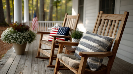 Fototapeta premium Wooden rocking chairs on porch with American flags in autumn.