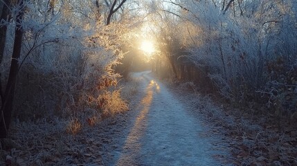 Glittering frost-covered branches arching over a quiet winter trail, Generative AI