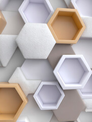 Contemporary abstract background with layered hexagonal shapes in soft beige, white, and gray tones creating a clean 3D geometric pattern