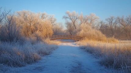 Glittering frost-covered branches arching over a quiet winter trail, Generative AI