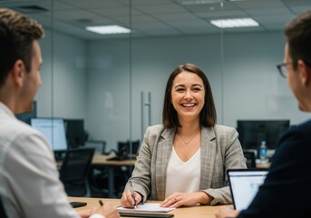 Smiling woman in a business meeting with colleagues at a table in the office