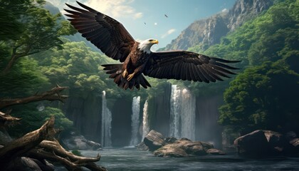 Eagle flying freely above the sky, with a stunning mountain and waterfall backdrop at sunset view