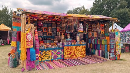 A colorful market stall selling handmade crafts created from recycled materials 
