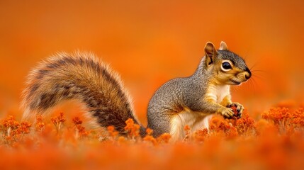 Obraz premium A cute gray squirrel sits amidst vibrant orange wildflowers, its bushy tail prominent.