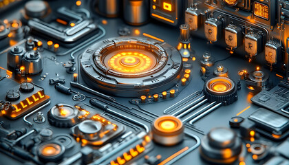 Close-up of a futuristic technological circuit board, featuring intricate metallic components and glowing orange accents.  Complex design with various gears and connectors