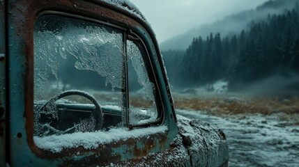 Rusty car window frosted with snow in winter landscape