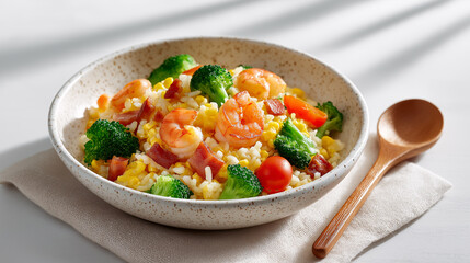 Shrimp Fried Rice Bowl: A delectable bowl of shrimp fried rice bursting with vibrant colors and textures.  The rice is perfectly cooked, studded with juicy shrimp, savory bacon.