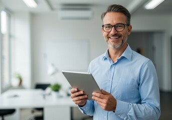 Smiling mature businessman holding a tablet in a bright modern office environment