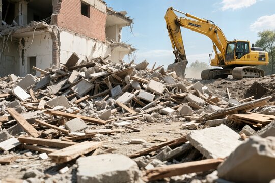 earthquake concept yellow excavator smashes old residential building concept de tremblement de terre pelleteuse jaune &eacute;crase l'ancien b&acirc;timent r&eacute;sidentiel concepto terremoto excavadora amarilla deprem