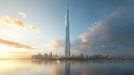 Fototapeta premium Stylish and modern 100-story skyscraper, fully glass facade, reflecting vibrant skies, on a muted grey background