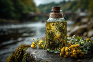 Glass jar with herbs by a riverbank surrounded by greenery.