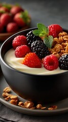 Fresh colorful breakfast bowl with berries and yogurt