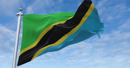 Tanzania flag with flagpole waving in wind, rolling clouds background looping, 4K video (Perfect Loop)