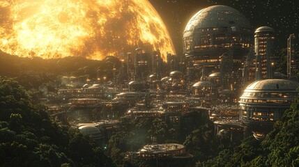 Fototapeta premium Futuristic Metropolis in a Jungle Landscape