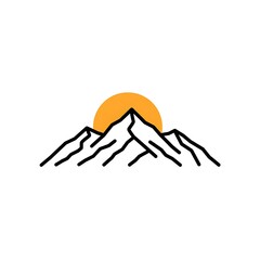Fototapeta premium Mountain and Sun Outline Icon, Minimalist Sunrise Peak Landscape Symbol