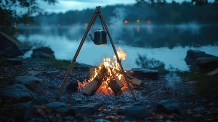 Naklejka premium Wooden tripod with hanging kettle over campfire, steam rising in cold evening air, rustic camping scene