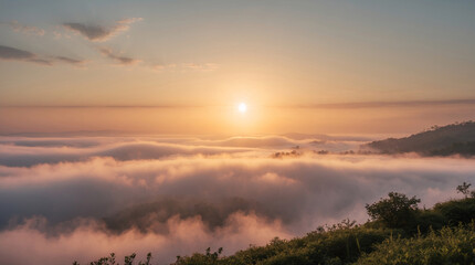 Fototapeta premium orange sunset lighting fog over scenic mountaintop with meadow below nature outdoor photography peaceful golden light dramatic landscape view landscape photography wallpaper background