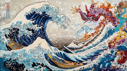 japanese ukiyo e art of the great wave off kanagawa by hokusai as an adult coloring page .